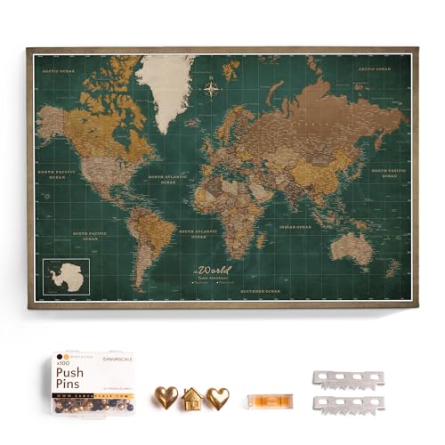 Canvas World Map with Cork Pin Board - English Lettering - Decorative Wall Decoration for All Rooms - Canvas Pictures with World Map Motif (70x50 cm Pattern 4)