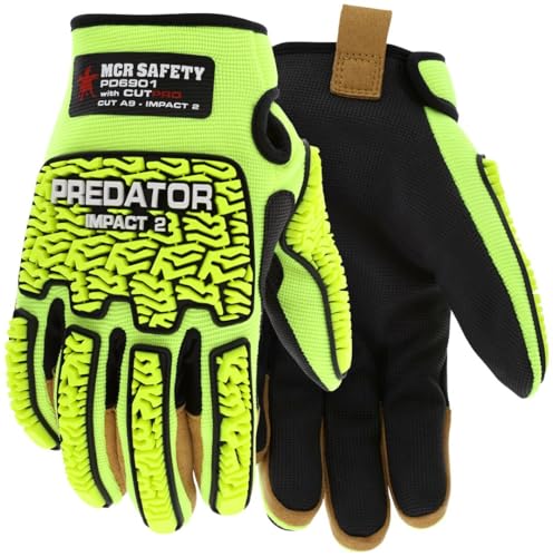 MCR Safety PD6901XXL Predator Hi-Visibility Mechanics Impact and Cut Resistant Work Gloves with MAXGrid Pattern Palm for Dry/Wet/Oily Grip, Tire Tread TPR on Back/Fingers/Thumb, Lime, XX-Large