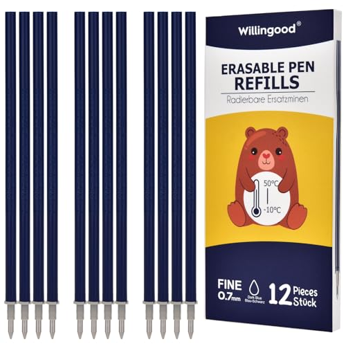 [12 unidades] - Recambios borrables Willingood compatibles con Legami [azul negro], bolígrafo borrable, punta de 0,7 mm, minas de repuesto con tinta borrable