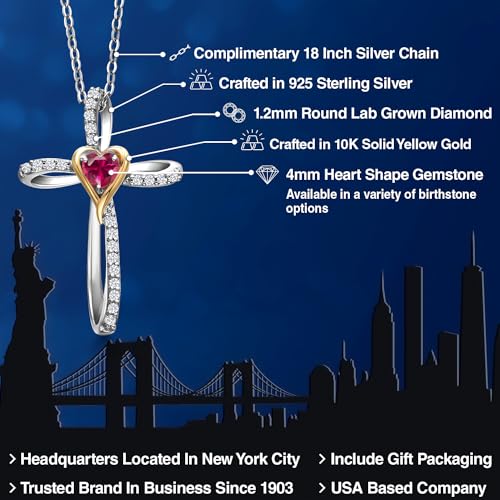 Gem Stone King Cross Necklace For Women | 925 Silver and 10K Yellow Gold | 4MM Heart Shape Gemstone Birthstone and White Lab Grown Diamond Cross Pendant Necklace For Women2