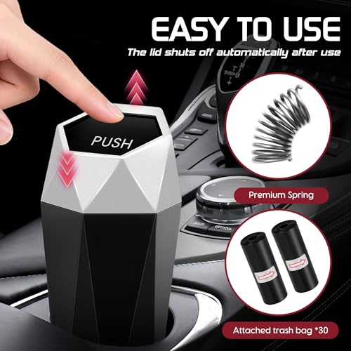 Image of Car Trash Can with Lid, Mini Car Trash Cup with 30 Additional Trash Bags, Car Accessories for Interior, Leakproof Vehicle Garbage Bin for Car, Home, Office - 2 Packs, Silver