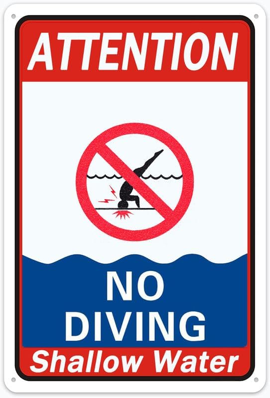 Letrero de metal para piscina, con texto en inglés "Attention No Diving Shallow Water Sign" de 12 x 8 pulgadas, aluminio resistente a la