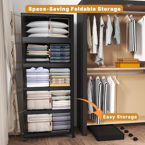 Image of UAMFURI Stackable Storage Bins with Lids, 600QT Closet Organizers and Storage Cabinet with Doors & Wheels, Lockable Plastic Foldable Drawers for Bedroom Dorm Office Garage(120QT*5,Black)