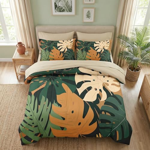 Pamnest Comforter Set King Size, Boho Monstera Leaves 7 Pcs Bedding Set for Kids and Adults, Bohemian Plant Summer Bed Sheet Sets with Fitted Sheet 2 Pillowcase & 2 Sham for Bedroom Bed Decor