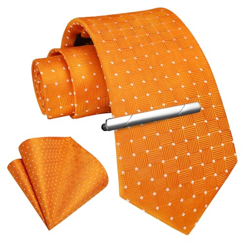 Image of Enlision Ties for Men Plaid Stripe Tie Handkerchief Woven Classic Formal Necktie Pocket Square Clip Set