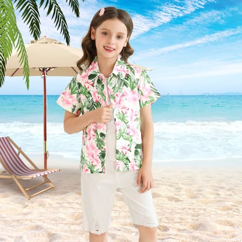 Boy Girl Hawaiian Shirt Tropical Button Down Blouse Summer Casual Beach Shirt Kid Short Sleeve Top Size 5-14 Years2