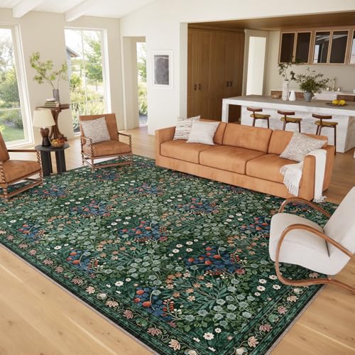 Image of Washable Dark Green Rug for Living Room, 9x12 Large Area Rug for Dining Room, Bedroom, Soft, Low Pile, Non-Slip & Stain Resistant - Vintage Floral Design Carpet