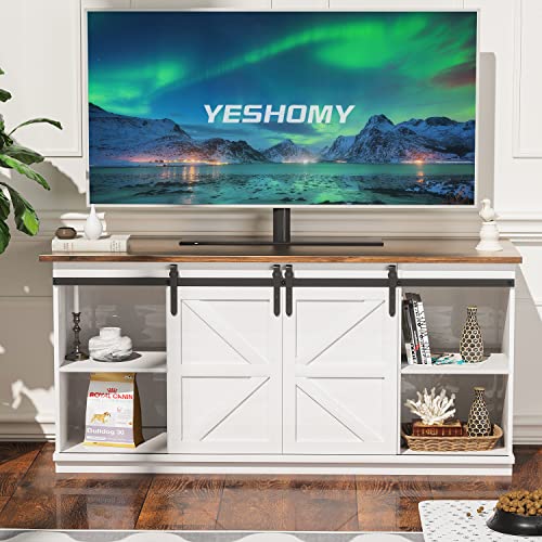 Yeshomy Farmhouse Tv Stand For Televisions Up To 65+ Inch With Sliding Barn Doors And Storage Cabinets, Entertainment Center Console Table, Media Furniture For Living Room, 58 Inch, White #TOP1