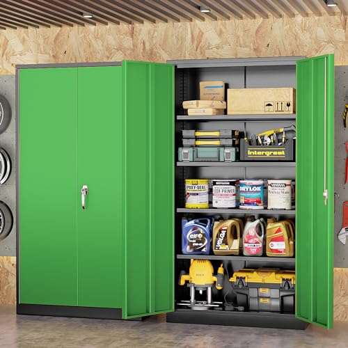 Image of INTERGREAT Metal Storage Cabinet with Doors, 72 inch Locking Steel Storage Cabinet with Shelves, Tall Metal Cabinet Lockable Steel Cabinets for Home Office, Garage,(Black+Green)