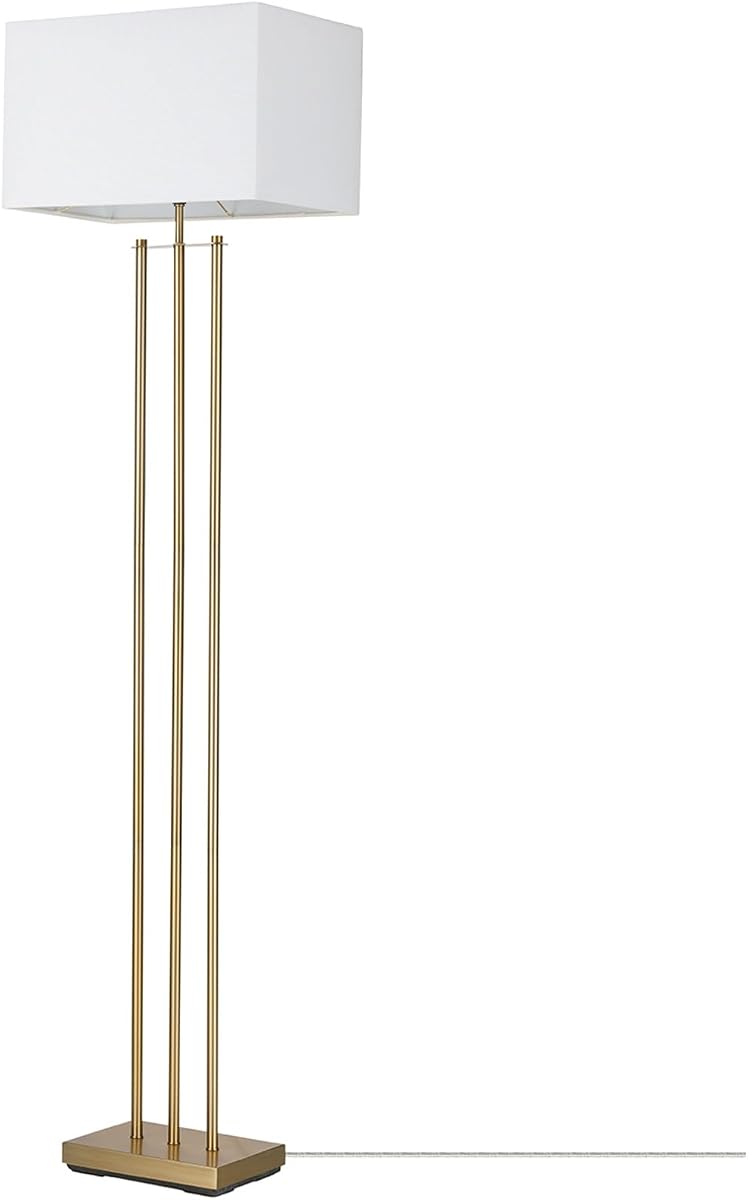 x Novogratz 67775 62" Floor Lamp, Matte Brass, White Linen Shade, Rotary Switch on Socket, Minimalist Lighting for Living Room, Bedroom or Office, Tall Corner Reading Light