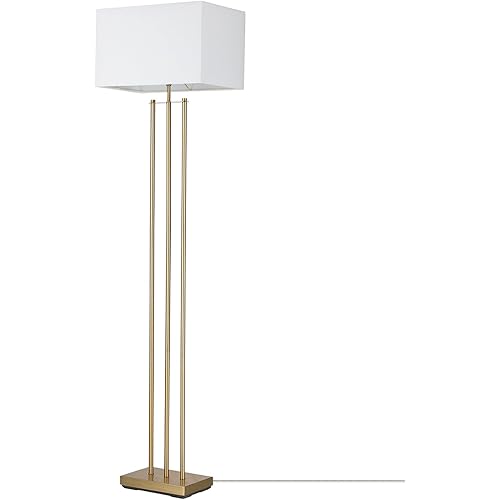GLOBE Electric x Novogratz 67775 62" Floor Lamp, Matte Brass, White Linen Shade, Rotary Switch on Socket, Minimalist Lighting for Living Room, Bedroom or Office, Tall Corner Reading Light