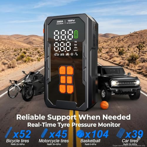 Jump Starter with Air Compressor 160PSI, 12V Car Battery Jumper Starter Portable (8.0L Gas/6.0L Diesel), Car Battery Charger Jump Box Cables with Auto-Shutoff Tire Inflator and LED Light, Black — view 3