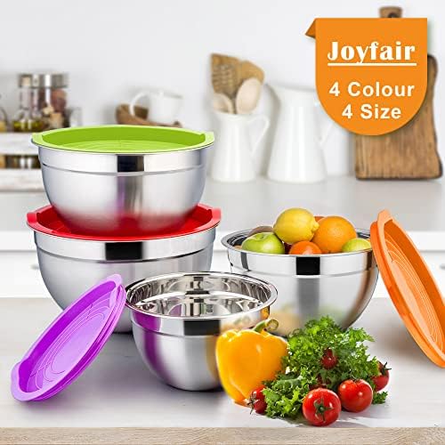 Mixing Bowls for Baking, Joyfair 19-Piece Stainless Steel Mixing Bowls with Airtight Lids and Accessories, Metal Nesting Bowls for Cooking/Serving/Storage, Dishwasher Safe - Size 4.6/2.8/1.6/0.7 QT