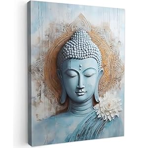 MuchoWow© Canvas Schilderij 30×40 cm Kamer Muur Decoratie Woonkamer Slaapkamer Room Decor Wall Decoration Art Painting Boeddha – Beeld – Blauw – Bruin – Bloem