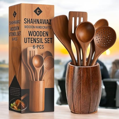 Image of Wooden Kitchen Utensil Set, 6-Piece with Cutley Holder Handcrafted Cooking Tools with Barrel Holder with Fine Finish Spoons Set Kitchen Cooking Spoon Set