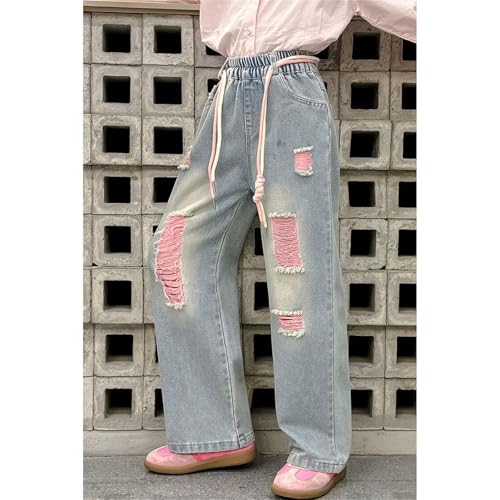 Girls Ripped Jeans Elastic Waist Distressed Baggy Denim Pants Teen Drawstring Wide Leg Streetwear Casual Y2K Trousers2