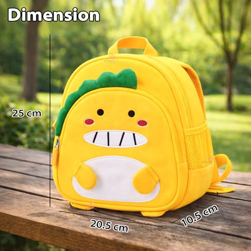 Image of WISHKEY Waterproof Small Size Bag,Picnic & Fancy Kindergarten Bags for Toddler Boys & Girls, Lightweight Cartoon 3D Baby Dino Nursery Dinosaur Backpack for Kids 2 To 5 Years (Pack Of 1,Yellow)