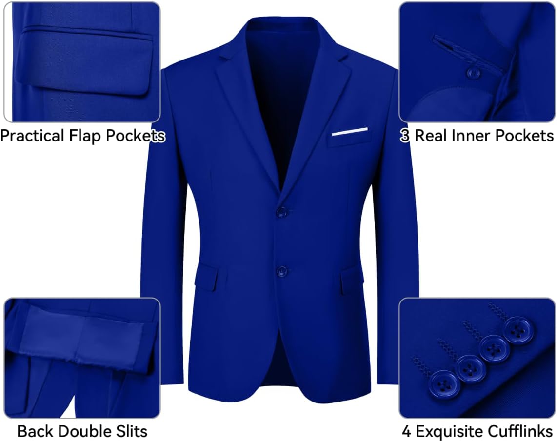 Men's Slim Fit 3-Piece Suit Set, Formal Wedding Tuxedo in Black, Navy Blue