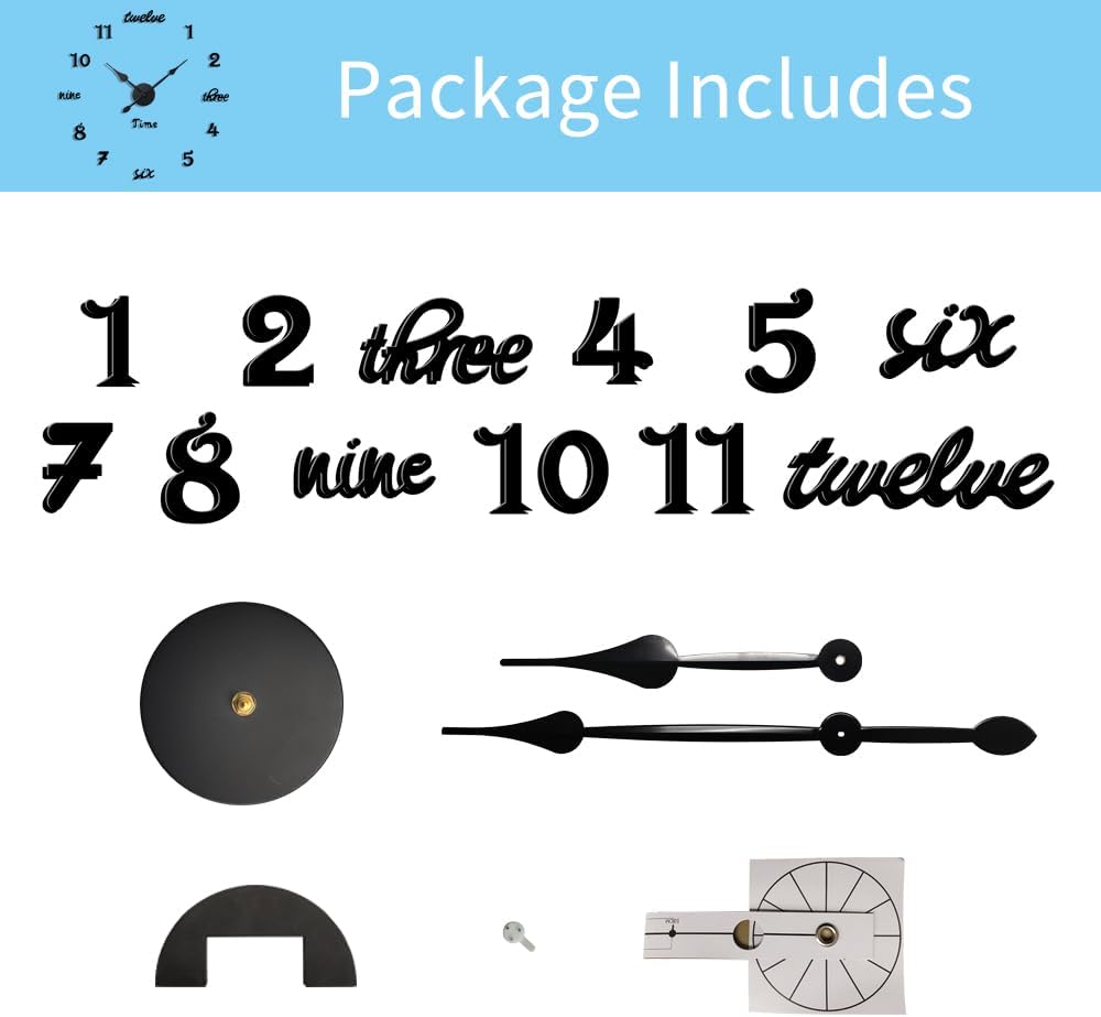 Modern Frameless Large Wall Clock Battery Operated 3D Mirror Big DIY Decorative Wall Clocks for Living Room Decor (Black)