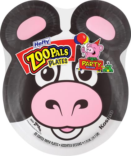 Image of Hefty Zoo Pals Party Edition Paper Plates for Kids, Assorted Animal Designs, 7.75 Inches with Two Dipping Compartments, Multi-Color, 20 Count (Pack of 10)