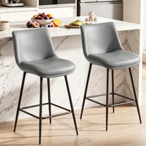Image of Counter Height Bar Stools Set of 2, FSC Certified Upholstered Faux Leather Barstools with Back, Metal Base, 27 inch Seat Height, Modern Upholstered Counter Stools for Kitchen Island,(Gray