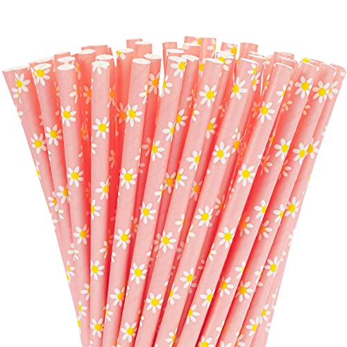 Whaline 100Pcs Daisy Flower Drinking Straws Pink Flowers Disposable Paper Straws Groovy Floral Decorative Straws For Spring Birthday Baby Shower Party Supplies Juices Shakes Cocktail Decoration #TOP10