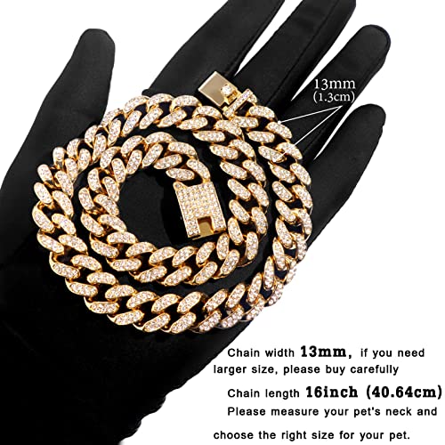 Image of Cuban Link Dog Collar Gold Silver Color Metal Chain Diamond Pet Collars for Dogs Cats Jewelry 8 /10 /14 /16 /18 /20 /24 /28 Inch (16inch, Gold)