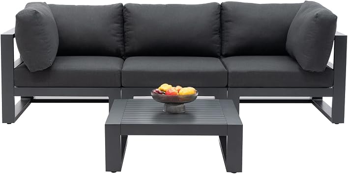 Modern 3 Seater Sofa Outdoor Sectional Sofa Set with Square Coffee Table Patio Conversation Sofa Sets for Garden Backyard, Dark Grey Cushions