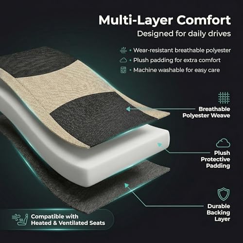 Image of FH Group Universal Automotive Seat Covers Front Set | Light & Breezy Flat Cloth Washable Car Seat Cover for SUV, Sedan, Truck | Airbag Compatible Interior Upgrade - Beige /Black