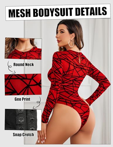 Image of Avidlove Womens Mesh Long Sleeve Bodysuit Round Neck Sheer Leotards Geo Print Bodysuit Top with Snap Crotch