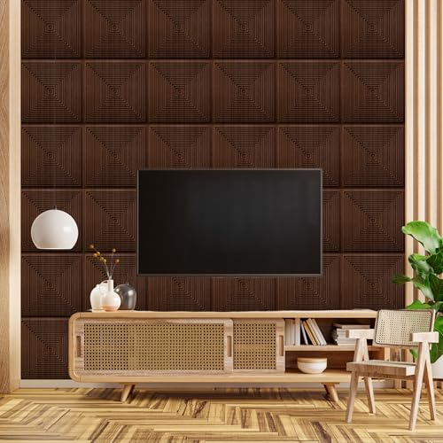 Image of Kayra Decor 3D PVC Wall Panels for Bedroom & Living Room | Pryamid Design |Walnut Wood Color | 19.7 x 19.7 Inch | Pack of 40 | 107.6 Sq Ft
