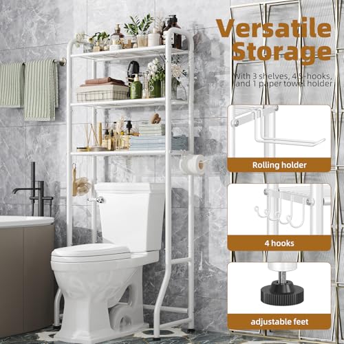 Image of Simple Trending Over The Toilet Storage Rack, Metal 3 Tier Bathroom Organizer Shelf with Paper Holder and 3 Hooks, Freestanding Shelf Space Saver Above Toilet, White