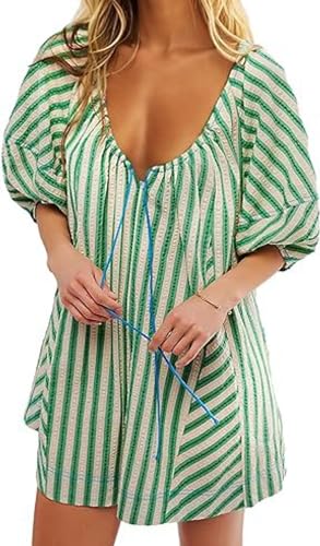 Pdxnyxx Y2k Shorts Romper Tie Front Casual Maternity V Neck Vacation Cute Puff Sleeve Summer Tshirt Rompers (Green,M,Medium)