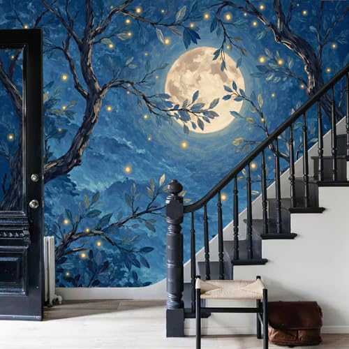 Mural 3D Luna Llena Azul 200x140 cm en Seda para Pared 4