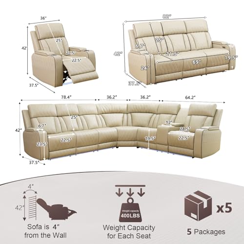 Image of Leather Power Reclining Sectional Sofa Set with LED, Leather Sectional Recliner Couch Set with 5 Recliner Seats,Modular Sofa with USB Port,Cup Holder,Storage for Living Room Furniture