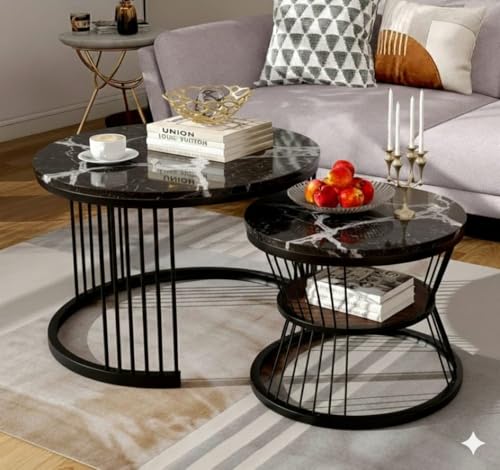 Image of Roldo Modern Nesting Coffee Table Set of 2 for Living Room, Round Coffee & Side Table with Metal Frame and Marble Finish MDF Top, Center Table for Sofa, Home Decor Office & Apartment (Black)