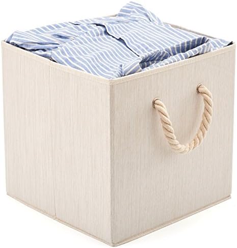 EZOWare Set of 2 Large Foldable Bamboo Cotton Fabric Organiser Cubes, Collapsible Storage Basket Bin Boxes with Cotton Rope Handle for Baby Kids Toy Nursery Room Home Closet - 33 x 33 x 33cm / Beige