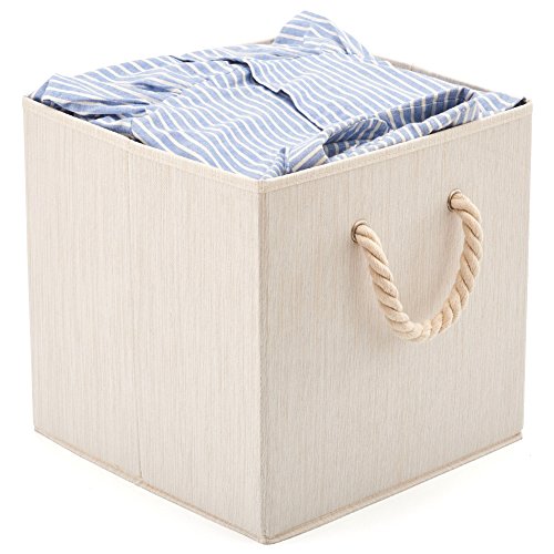 Ezoware Foldable Bamboo Fabric Storage Bin With Cotton Rope Handle, Collapsible Resistant Basket Box Organizer For Shelves, Closet, And More (Set Of 2, Beige) #TOP1