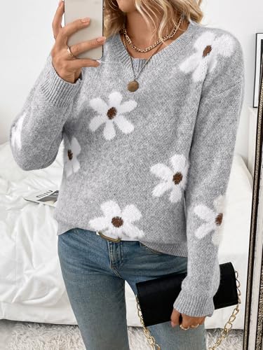 GORGLITTER Women's Oversized Crew Neck Fuzzy Sweaters Flower Long Sleeve Chunky Knit Pullover Tops4