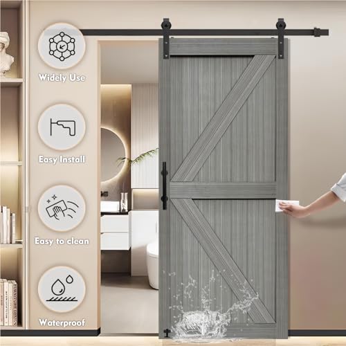 Image of S&Z TOPHAND 34in x 84in MDF Elephant Gray Barn Door with 6.6FT Sliding Hardware Kit, Solid Barn Door Slab Covered with Water-Proof PVC Surface /Simple Assembly is Required
