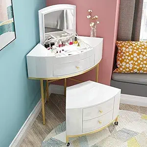 NG Decor Corner Makeup Vanity Table with Flip-Top Mirror & Drawers & Stool - White