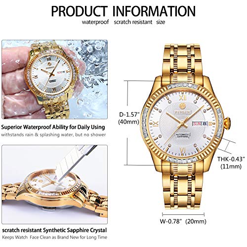 Image of BINLUN Men's Automatic Gold Watches 18K Gold Plated Diamond Mechanical Watch Waterproof Stainless Steel Skeleton Wrist Watch for Men