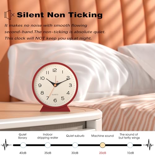 Image of AYRELY 4.5 inch Analog Alarm Clock,Small Retro Desk Clock Battery Operated,Silent Metal Table Clock with Light for Living Room Decor,Bedroom,Bedside,Shelf (red)