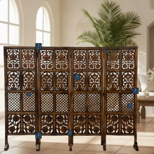 Image of Wooden Room Partition Screen with Burnt Wood Finish | Hand Buffed Traditional Handicraft Room Divider | Indoor Room Separator | Puja Room Divider (4 Panel 5 Feet with Stands)