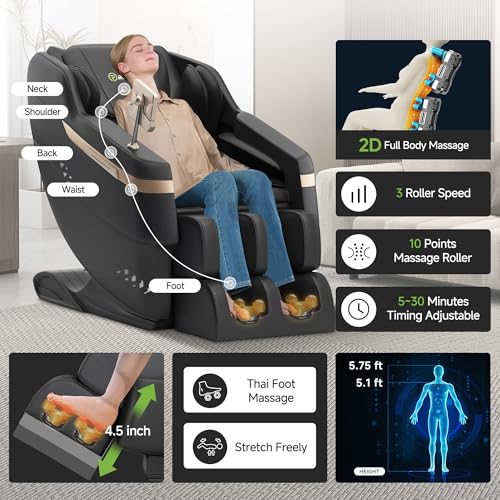 Real Relax 2025 Full Body Massage Chair, Zero Gravity Shiatsu Massage Chair Recliner, Waist and Calf Heating, Foot Massage, Bluetooth, Large Control Screen (Black and Gold) - Image 4