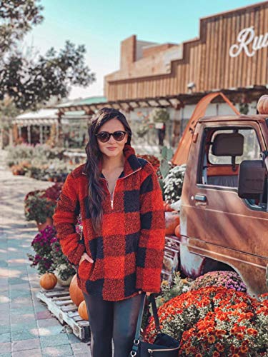 ZESICA Women's Plaid Long Sleeve Zipper Sherpa Fleece Sweatshirt Pullover Jacket Coat with Pockets Orange Red