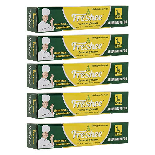 Image of Freshee Aluminium Foil Paper for Food Wrap 1 Kg Gross | 18 Micron Roll for Roti Paratha Sandwich Wrapping Cooking Baking Grilling | Hygienic Foil for Kitchen Office Use | Keep Food Fresh & Warm Pack 5