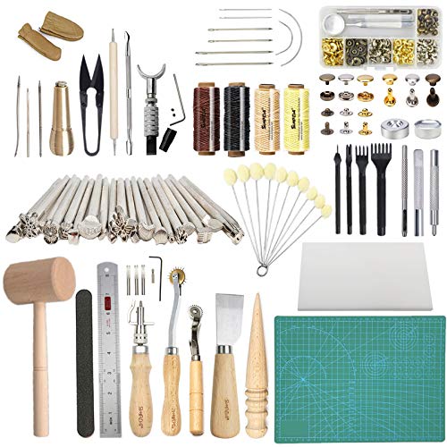 leather tool starter kit - Leather Working Tools SIMPZIA 131PCS Leathercraft Tools with 20PCS Leather Stamping Tools, Cutting Mat, Stitching Groover, Prong Punch, Snaps and Rivets Kit, Leather Tooling Kit for DIY Leather Craft