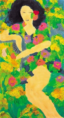 Photo d'art mural abstrait Walasse Ting Dame Parmi Les Fleurs - Toile de peinture couleur 50x100cm