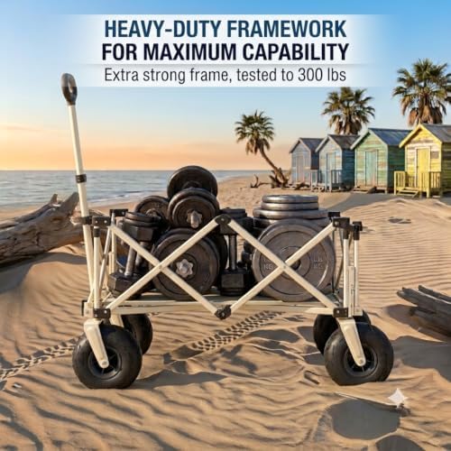 Collapsible Beach Wagon with Pre-Inflated 9" Balloon Wheels β Light Sun-Reflective Fabric, Heavy Duty All-Terrain Folding Utility Cart for Soft Sand, Gardening & Travel - 5